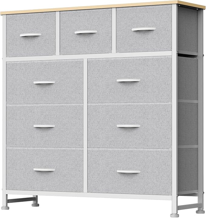 DUMOS 9 Drawer Dresser for Bedroom, Storage Organizer Chest of Drawers | Fabric Bins Storage Tower with Sturdy Metal Frame, Wood Tabletop for Closet, Light Grey