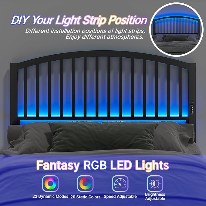 Weehom Metal Queen Headboard Only with LED Lights and USB, Black | Freestanding queen size headboard; adjustable height; USB charging station; modern bedroom design