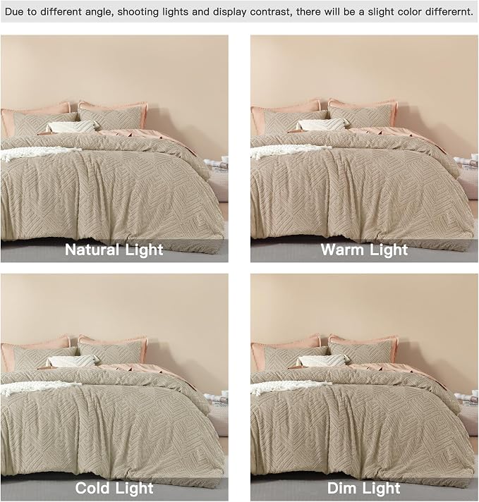 Litanika King Size Comforter Set, 3 Pieces Wheat Tufted Boho Bedding Set | Farmhouse Shabby Chic Vintage Bohemian Textured Aesthetic Soft Fluffy Lightweight Breathable All Season Bed Set for King Bed