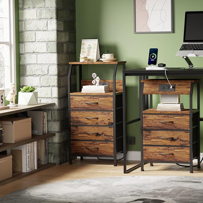 Furnulem Night Stand with Charging Station, 4 Drawers Tall Bedside Table | Small Rustic Brown Dresser, 33.3 Inch Tall Dorm Nightstand, Fabric Drawers, Storage Tower for Closet, Bedroom, 3 Ways to Use