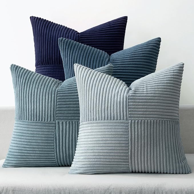 MIULEE Dusty Blue Navy Farmhouse Throw Pillow Covers 18x18 Inch Set of 4 Boho Patchwork Gradient Cushion Cases Western Modern Pillow Cases Corduroy Home Decor for Couch Sofa Living Room Bed