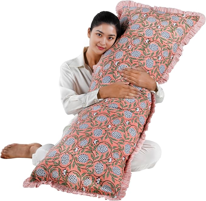 Ridhi Block Print Dark Salmon Pink Ruffle Lumbar Pillow Shams, 54" x 20" | 100% cotton, Floral Pillowcase, Cushion Cover, Hidden Zipper, Cottagecore Bedding, farmhouse boho style, fits couch, sofa,Bed