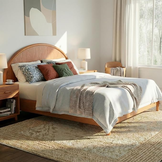 Christopher Knight Home Elsinore King Size Bed Frame with Arched Headboard, Modern Wooden Platform Bed, Wood Bed Support and Slats, No Box Spring Needed, King Size Beds for Adult, Light Brown