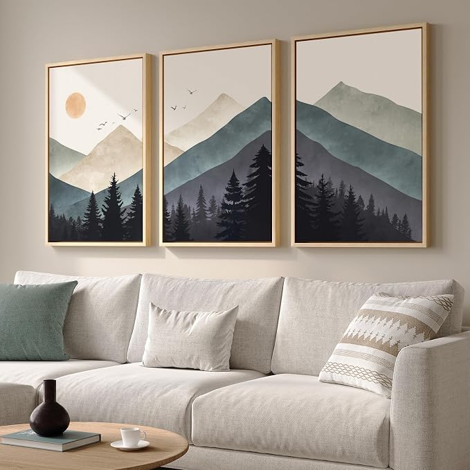 Large Framed Boho Mountain Landscape Wall Art for Living Room, 24x36 Inch | 3 piece, Modern, Minimalist, Large, Canvas artwork, Pine tree picture, Dining room wall decor, Ready to hang, Wood frame