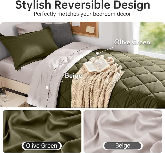 5 Pieces Twin XL Comforter Set, Reversible Bed in a Bag Twin XL Size, All Season Bedding Set with Comforter, Flat Sheet, Fitted Sheet, Pillowcases & Shams, Olive Green & Beige
