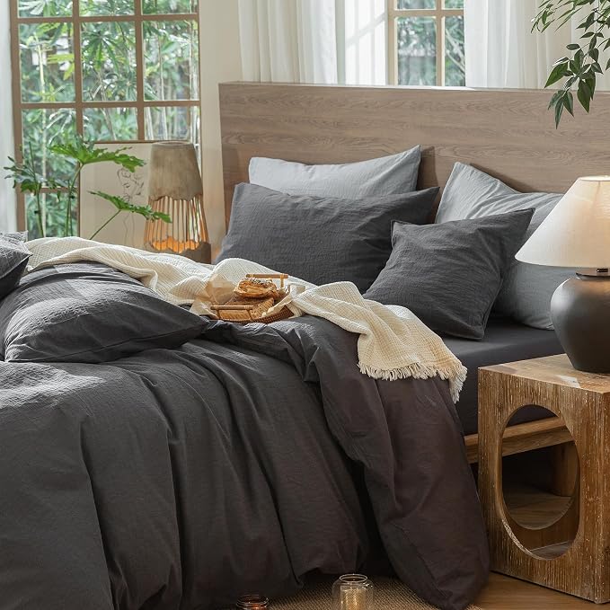 MooMee Wavy Striped Duvet Cover Set 100% Washed Cotton Linen Like Textured Breathable Durable Soft Comfy (Charocal Grey, Palatial King/Oversized King 120"x98")