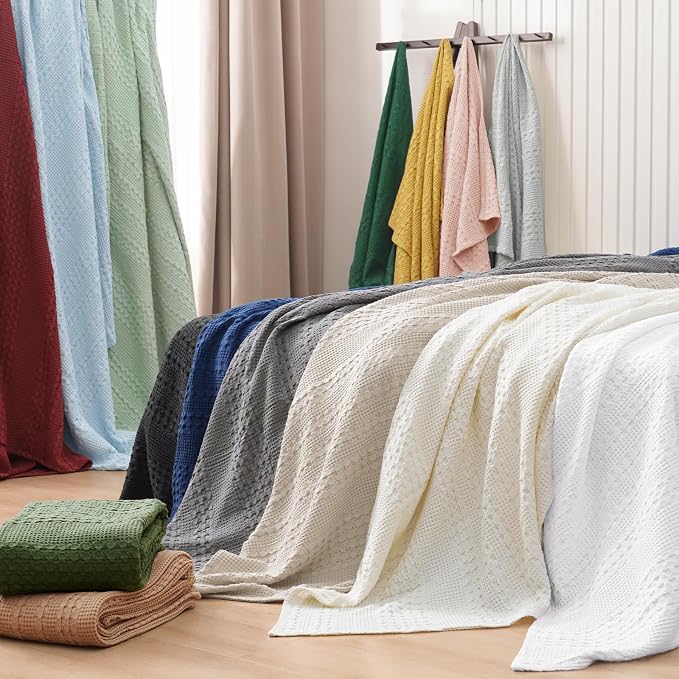 PHF Lightweight 100% Cotton Waffle Blanket for Bed, Queen, Light Grey | Pre-Washed Soft Cotton Comfort, Breathable Layering Warmth for Fall & Winter, Bed, Sofa, Couch, Home Decor & Gifts