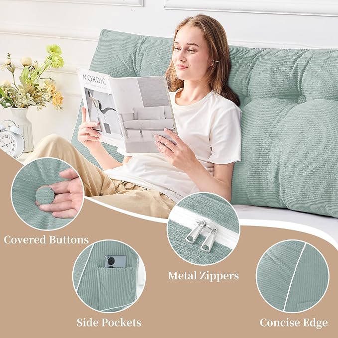 Sasttie Headboard Pillow King, Wedge Pillow Headboard, Mint Green | Triangle Backrest Cushion for Sitting or Reading in Bed, Dorm Essentials, OEKO-TEX, Down Alternative Fill, Side Pockets