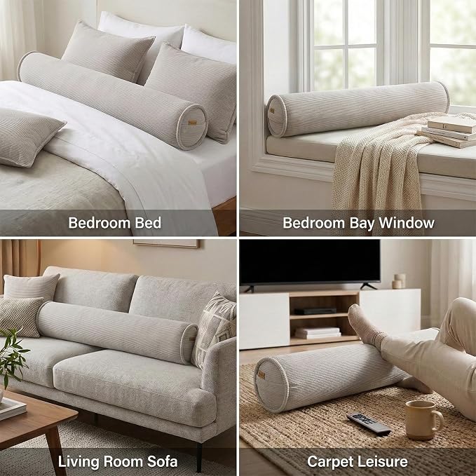 Long Round Body Pillow for Adults – Corduroy Cervical Roll Bolster Pillow, Firm Support for Spine Alignment & Side Sleeping,59 x 7.87 Inches,Beige Gray