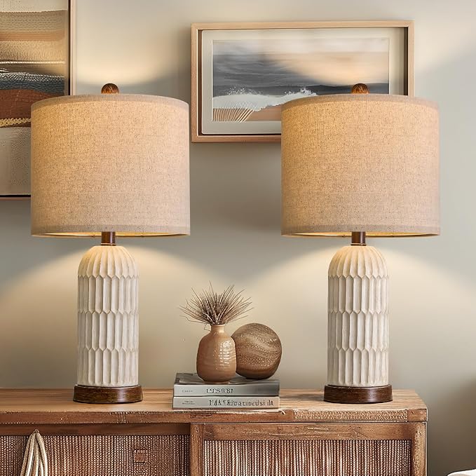 OYEARS 22" Bedside Table Lamps Set of 2, Farmhouse Lamp with USB A+C,Brown | Vintage Nightstand Lamp for Bedroom, Retro Design, Home Decor for living Room, Nursery, Home Office, End Side table
