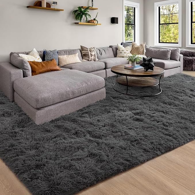 Soft Modern Indoor Large Shaggy Rug for Livingroom Bedroom Dorm Kids Room Home Decorative, Non-Slip Plush Fluffy Furry Fur Area Rugs Comfy Nursery Accent Floor Carpet 8x10 Feet, Dark Grey