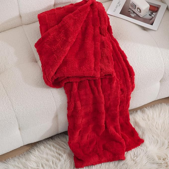 Red Fleece Throw Blanket 50”×60”Checkered Design for Couch Sofa | Super Soft Cozy Plush Microfiber 3D Square Pattern Flannel Blanket for bed Lightweight for Adults,Women