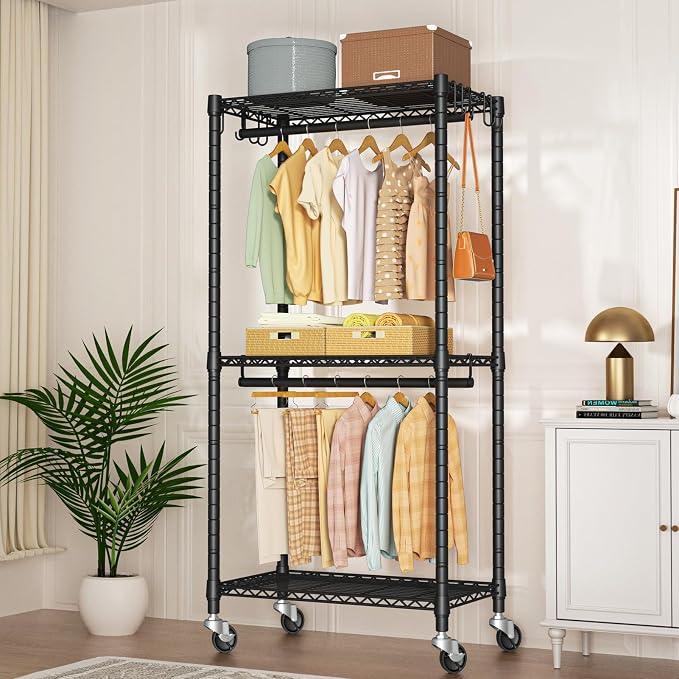 FUTASSI Rolling Clothes Rack, Clothing Racks for Hanging Clothes, Black | P3 Mini Heavy Duty Garment Rack with Wheels, Freestanding Portable Closet Racks 23.6'' W x 14'' D x 78.5'' H, Max Load 430Lbs