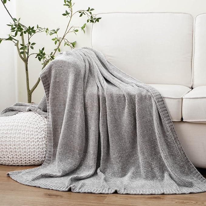 Chenille Throw Blanket for Couch Sofa, Light Grey Throw Blanket 51"x67" | Shiny Chenille Blanket, Soft Cozy Gray Knit Throw Blanket, Knitted Chenille Throw Blanket for Chair, Living Room, Home Decor