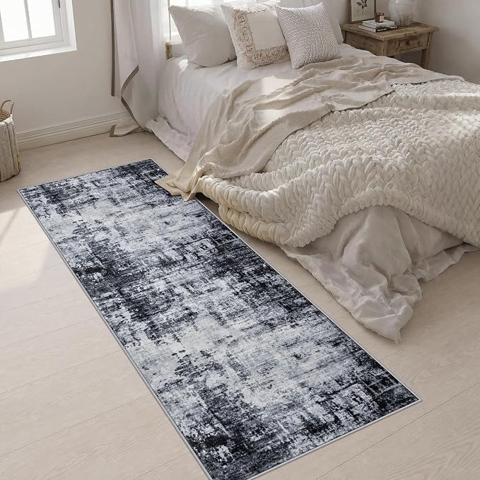 3x8 Washable Runner Rug：Modern Abstract Soft Carpet Dark Black | For Hallway, Bedroom, Kitchen, Laundry, Bathroom,Door Mat,Modern Abstract,Machine washable,Non-Slip,Stain Resistant,Indoor