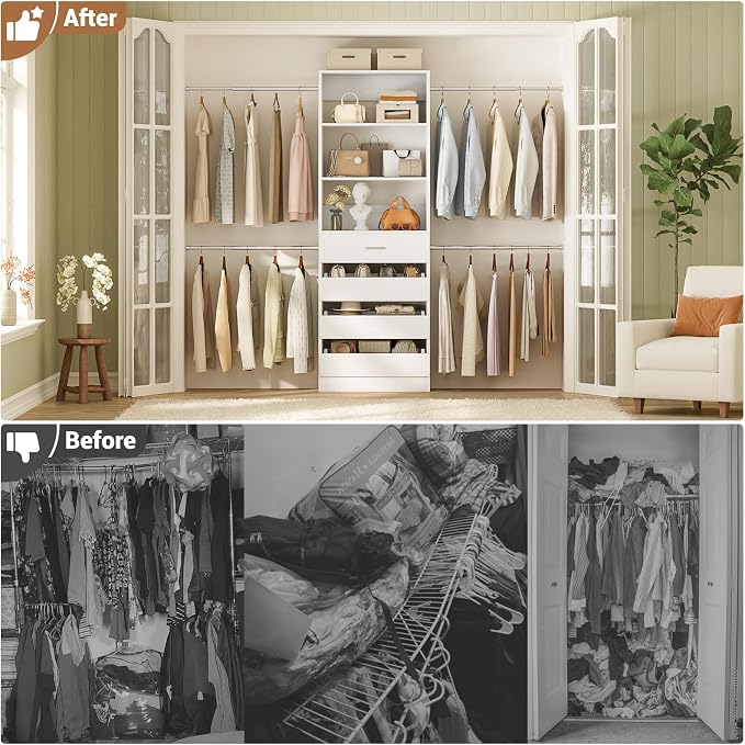 Aheaplus Closet System, 4-9Ft Closet Organizer with 4 Wooden Drawers, White | Wood Closet Organizer System with Tower, Walk-in Closet Organizer Wardrobe Clothes Rack with 4 Hanging Rods, Garment Rack