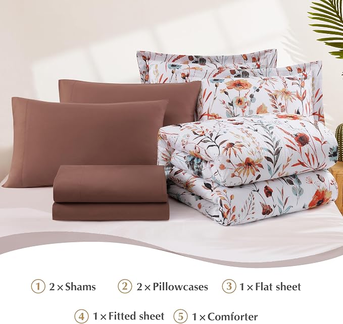 King Size Comforter Set-7 Pieces Floral Bed in a Bag King Bedding Set | Terracotta Botanical Texture Flowers Comforter Set with Sheets, Pillowcases & Shams for All Seasons