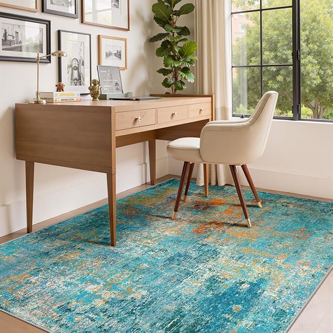 RELEANY Washable 5'x7' Abstract Area Rug for Living Room Teal Multi | Carpet for Bedroom, Kitchen, Office, Hallway and Entryway, Printed Pattern, Non‑Slip, Soft, Stain‑Resistant, Easy to Clean