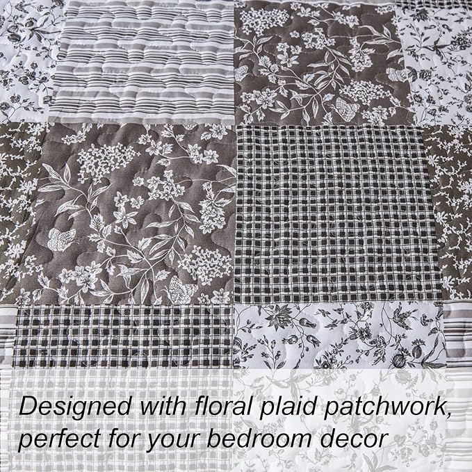 Mybedsoul Boho Quilts Queen Size, Floral Patchwork Bedding Set, Grey | Soft Lightweight Microfiber Coverlet Set, 3 Pieces Plaid Reversible Bedspread, Bed Sets for All Seasons 90"x96"