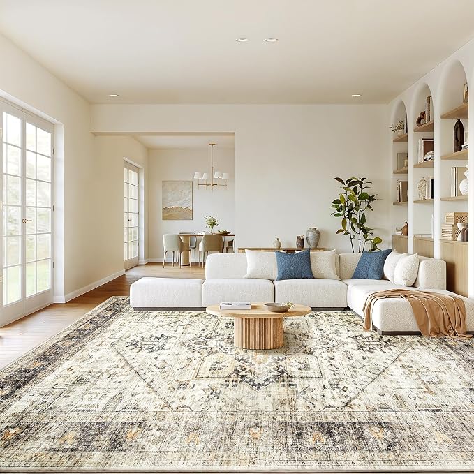 AMADA HOMEFURNISHING Washable Area Rug, Low-Profile Large Area Rug with Non-Slip Backing & Durable Edge Binding, Vintage Large Rugs for Living Room, Bedroom, Dinning Room, 9x12, Grey/Beige
