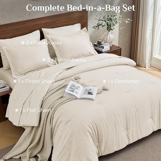 JOLLYVOGUE Beige Full Comforter Set, Cationic Dyeing Bed in a Bag Full 7 Pieces, Double-Tone Bedding Set with Down Alternative Comforter, Sheets, Pillowcases & Shams