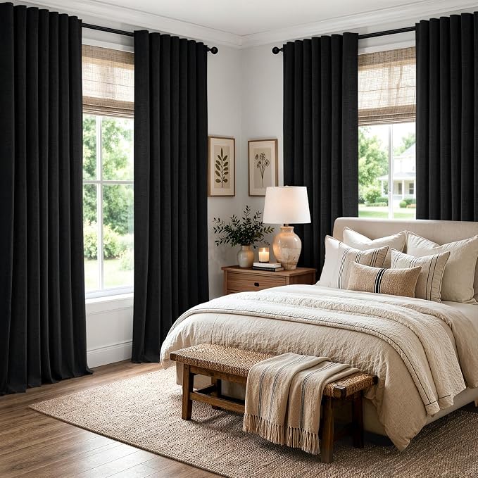 MIULEE 100% Blackout Linen Curtains for Bedroom 42 x 90 Inch Black 2 Panels | Thermal Insulated, Room Darkening Drapes for Living Room, Back Tab Rod Pocket Pinch Pleated, Solid Luxury Decor