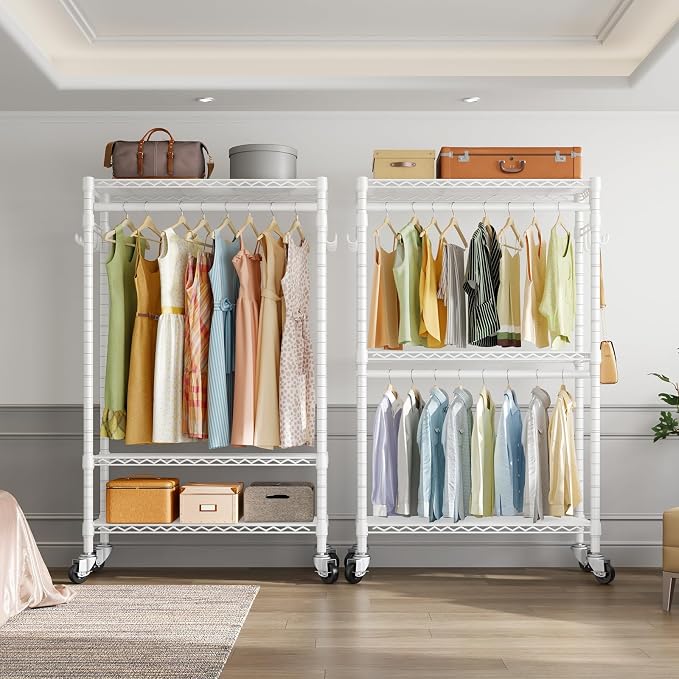 VIPEK R2 Clothing Rack for Hanging Clothes Rolling Clothes Rack Heavy Duty | Lockable Silent Wheels, Double Hanging Rods, Adjustable Wire Shelving/Side Hooks, 580lbs Space-Saving for Apartments, White