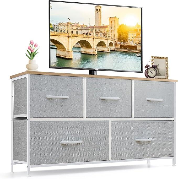 5-Drawer Dresser for Bedroom, Anti-Tip Wide Storage Organizer Fabric | Chest of Drawers TV Stand for 45" TV with Wooden Top and Metal Frame for Closet, Living Room, Hallway, Entryway, Light Gray