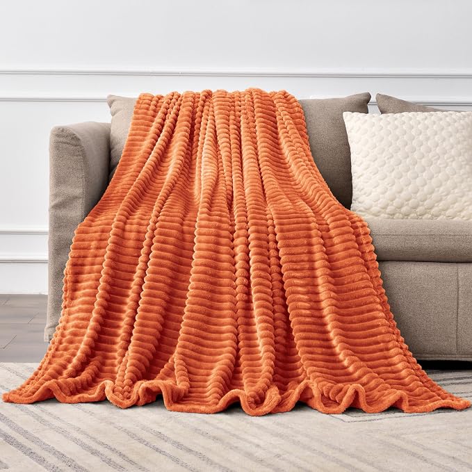 BEDELITE Ribbed Burt Orange Fleece Twin Fall Throw Blanket for Couch, 60x80 | Soft Warm Fluffy Blanket for Bed Sofa College Dorm Room Fall Decor, Luxury Cozy Birthday Gifts for Women Girls, Lightweight