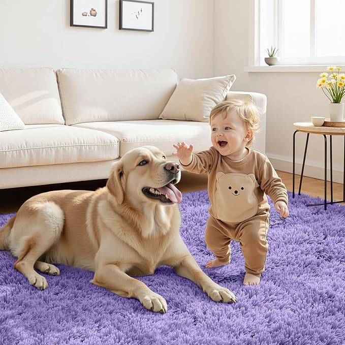 8x10 Fluffy Shag Area Rugs for Living Room Bedroom: Soft Carpet Purple | Upgraded Non-Slip Thick Memory Foam, Ultra Soft, Non-Shedding Fuzzy Carpet, Easy Clean Decor for Kids Room, Nursery, Playroom