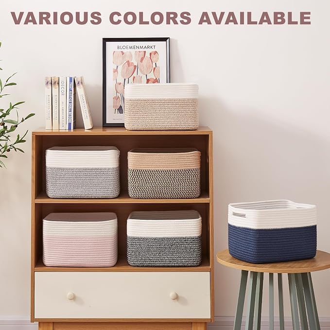 OIAHOMY 4 Pack Storage Basket, 13"x9"x7.8" Cotton Rope Baskets for Shelves, Closet Organizer for Bedroom & Living Room, Soft Decorative Bins for Organizing Towels, Books & Toys, Brown & White