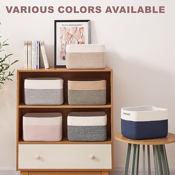 OIAHOMY 4 Pack Storage Basket, 13"x9"x7.8" Cotton Rope Baskets for Shelves, Closet Organizer for Bedroom & Living Room, Soft Decorative Bins for Organizing Towels, Books & Toys, Pink & White
