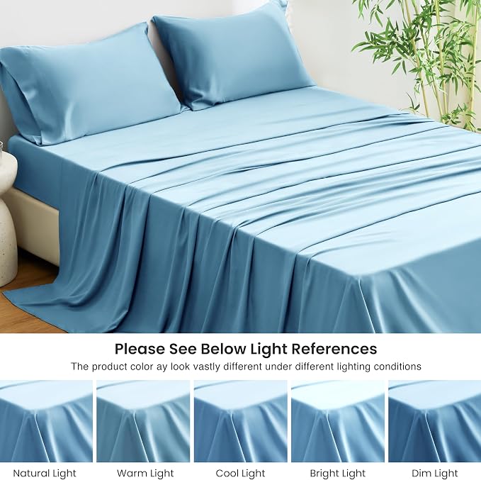 Love's cabin 4 Piece Full Size Sheet Set, 100% Rayon Derived from Bamboo, Cooling & Breathable, Soft Silky Deep Pocket up to 16", Hotel Luxury Bedding for Hot Sleepers, Light Blue
