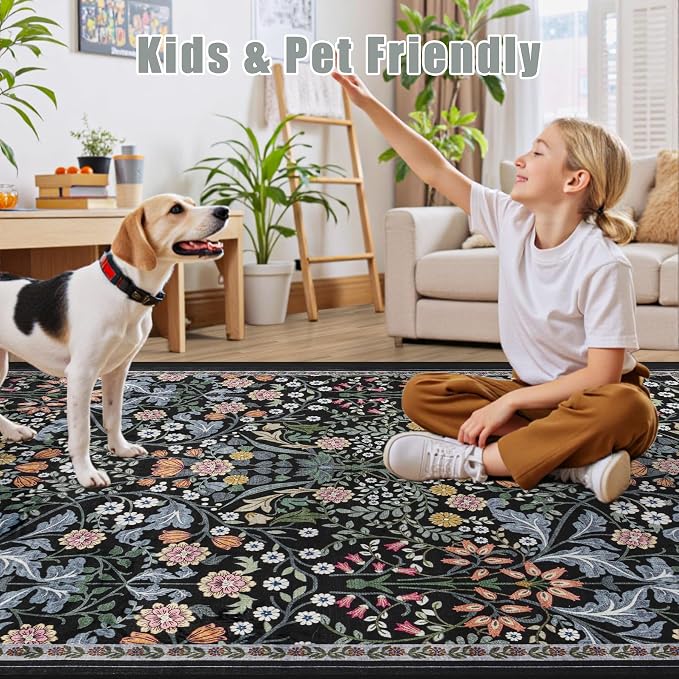 PLHXFR Area Rug 10x12 Living Room: Floral Washable Boho Carpet Dark Black | For Bedroom Dining Room Farmhouse Nursery Hallway,Vintage Floral,Machine washable,Non Slip,Stain Resistant,Large Indoor