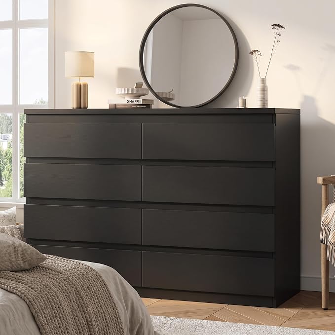 MapleGrace Modern 8 Drawer Dresser, Simply Chest of Drawers for Bedroom, Wooden Storage Dresser with Deep Drawers for Living Room/Hallway/Entryway (Black)