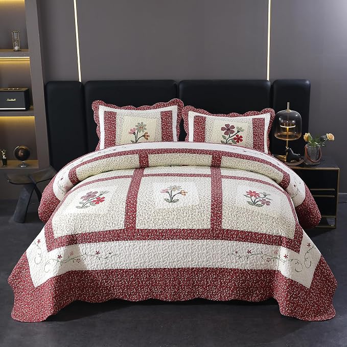 vctops Christmas Red 3 Piece Embroidered Floral Quilted Bedspread Quilt Set 100% Cotton Reversible Patchwork Coverlet Set 1 Quilt and 2 Pillow Shams (Red,Queen)