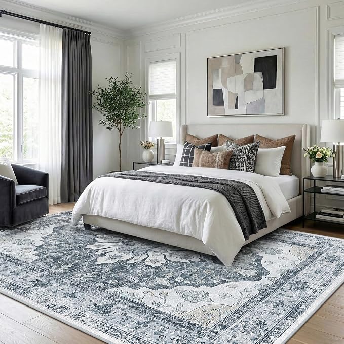 RELEANY Washable Area Rug, 8'x10', Grey/White/Beige | Non-Slip, Water Repellent, Pet Friendly, Easy to Clean, Vintage Floral Boho Decor for Living Room Bedroom Dining Room