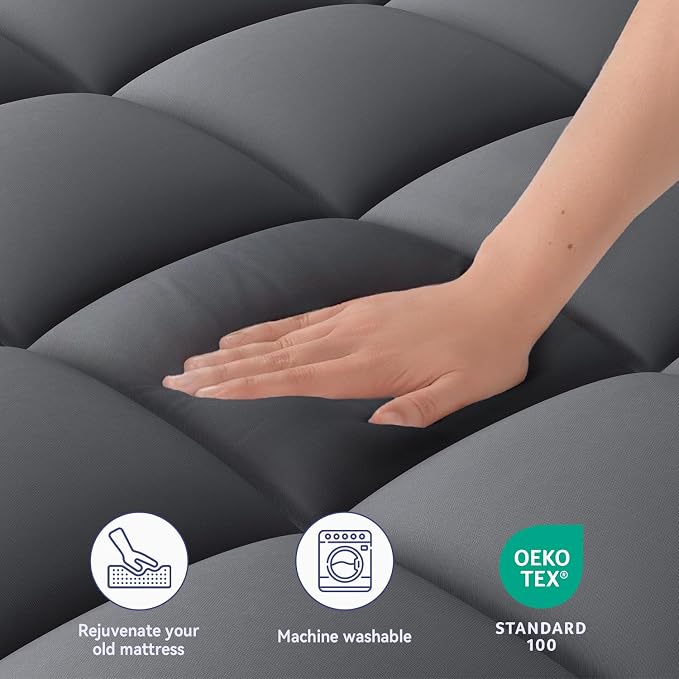 ELEMUSE RV Short Queen Grey Mattress Topper, Thick Pillow Top Mattress Pad | Plush comfort with overfilled fill. Deep pocket fits RV short queen beds, an RV essential for campers and travel trailers