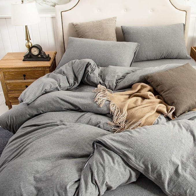 PURE ERA Jersey Knit Sheet Set Heather Dark Grey King | 100% Cotton, 3 Piece Set, T Shirt Soft, Breathable, Envelope Closure Pillowcases, Hidden Zipper, 8 Ties, No Insert, Modern