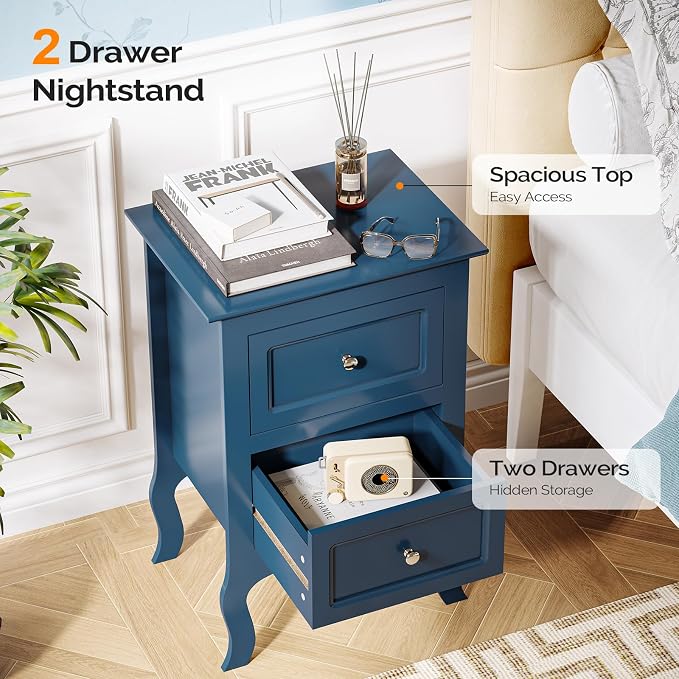 Bonnlo Blue Nightstand Set of 2, Blue Night Stands with Drawers for Bedroom, Kids Room, Living Room, Wood, 15.75" W x 11.8" D x 23.6" H