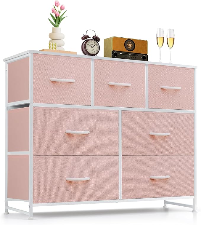 7-Drawer Dresser for Bedroom, Anti-Tip Wide Storage Organizer Fabric | Chest of Drawers TV Stand for 45" TV with Wooden Top and Metal Frame for Closet, Living Room, Hallway, Entryway, Pink