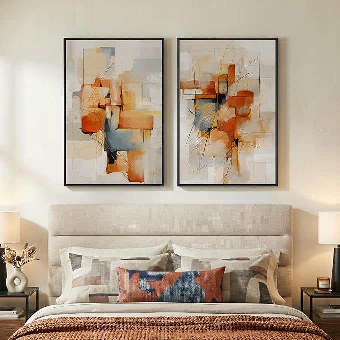 Large Framed Blue Orange Block Abstract Wall Art for Living Room, 24x36 In | 2 Piece, Canvas prints, Colorful paintings, Modern minimalist artwork, Orange block pictures, Dining room bedroom wall decor