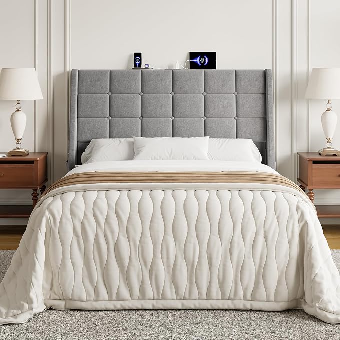 Full Size Headboard with Charging Station, Wingback Ergonomic Headboards | Wingback Upholstered Bed Head Board with Storage Pocket, Sturdy Stable Solid Wood Headboard, Bed Frame Adapters, Light Grey