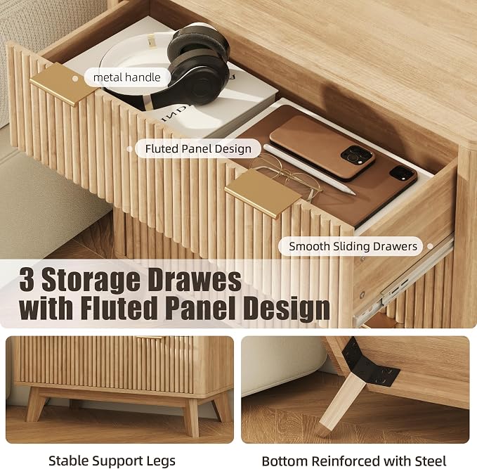Fluest 32” Tall Nightstands with Fast Charging Station, 32” Wide Fluted Night Stand with 3 Large Drawers, Modern End Table Beside Table for Bedroom, Curved Profile Design, Natural