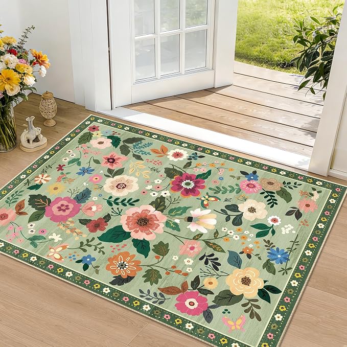 RELEANY Floral Washable 2x3 Area Rugs Doormat LightGreen | Flower Carpet, Print, Boho, Non-Slip, Easy to Clean, Soft, Low Pile for Living Room Bedroom Kitchen Office Entryway Hallway