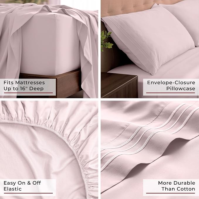 Mellanni Iconic 4-Piece, Ultra Soft Sheet Set (King, Blush Pink) | 10M+ Sleepers. Lab-tested: Sleeps Cool, Stays Bright, Strong, Smooth. Good Housekeeping Best Bedding, 7 yrs running.