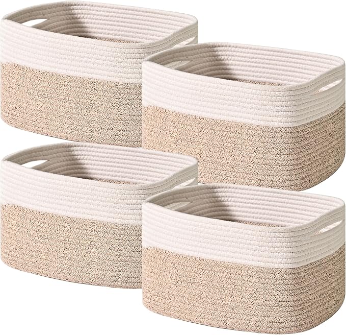 ICERZCZ Storage Baskets for Shelves, Woven Storage Basket, Bins for Cube Storage, Cotton Rope Basket with Handles for Toy, Book, and Clothes Living Room, (4 Packs) Off White & Brown