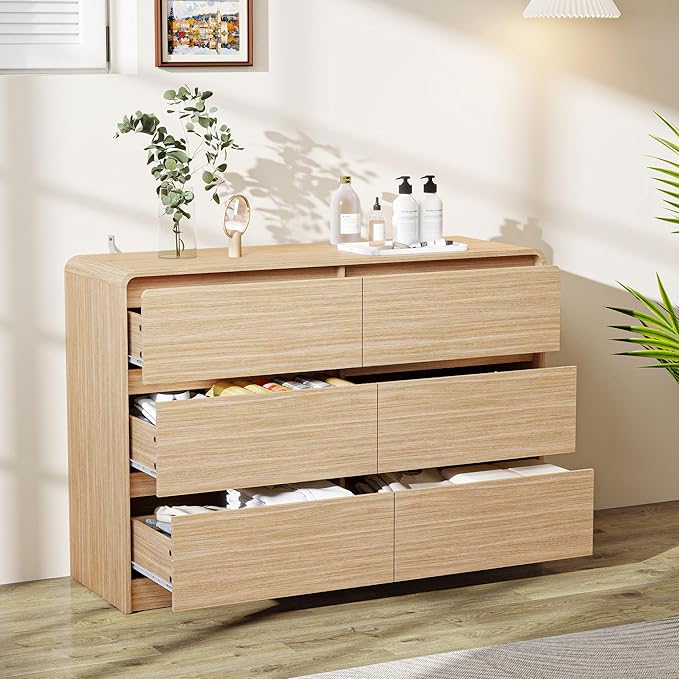 Vibe & Dine 6 Drawer Dresser, Modern Wooden Dressers & Chests of Drawers with Arc Edge Design, 47" Wide Dresser for Closet, Entryway, Bedroom, Natural Wood