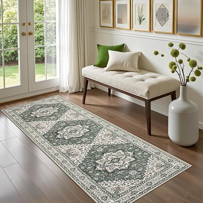 Hallway Runner Rug: 2.6x8 Kitchen Rugs for Living Room Green Ivory | Runner Rug Hallway Washable Rug No Slip Soft Bedroom Rug Indoor Floor Stain Resistant Carpets for Entryway, Laundry, Bathroom