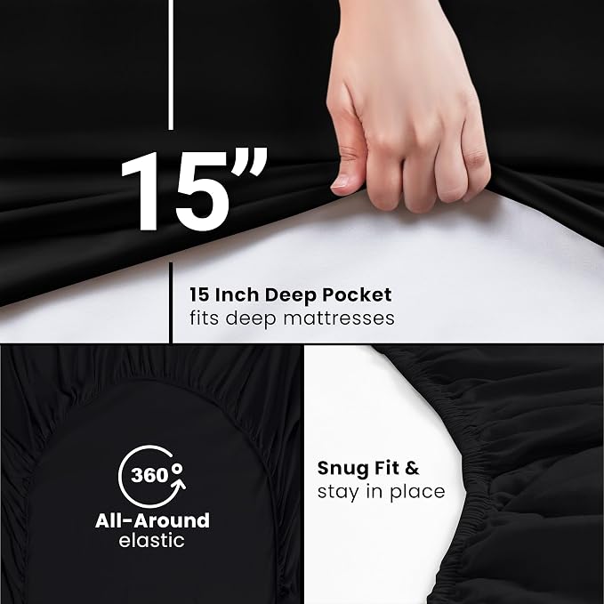 Full Fitted Sheet, Ultra Soft Fits Up to 16 Inch Deep Pocket, Black | Hotel Comfort, Cooling & Breathable Cotton like Polyester, Easy Fit, Wrinkle & Fade Resistant, Snug Fit, Easy Care, Oeko-Tex
